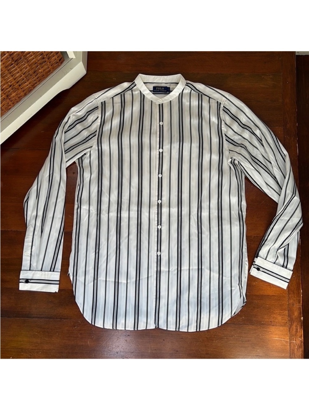 NWT Polo Ralph Lauren 100% Mulberry Silk Shirt in Oyster and Black Stripe